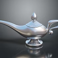 Shiny Silver Aladdin Lamp With Decorative Lid Spout Handle And Metallic Base