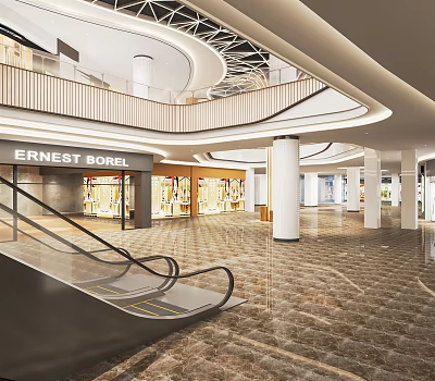 Modern Shopping Mall Lobby With Escalator ERNEST BOREL Store And Marble Flooring 3d model