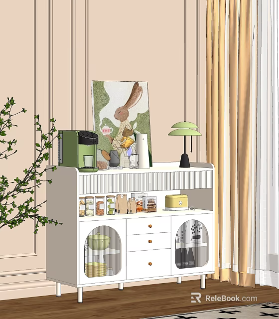 White Sideboard With Coffee Maker Table Lamp Jars Wall Art And Curtains 3d model 