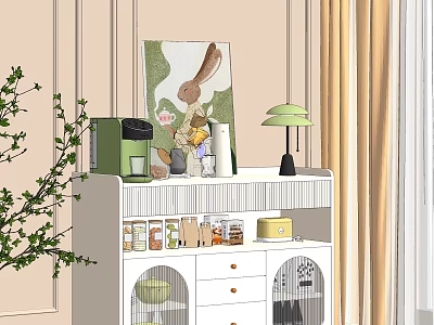 White Sideboard With Coffee Maker Table Lamp Jars Wall Art And Curtains 3d model