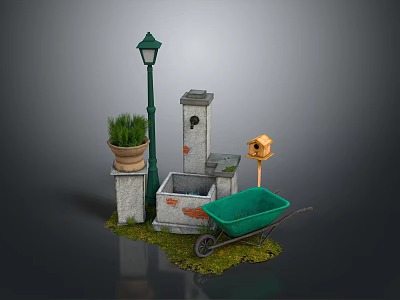 Outdoor Garden Decorative Elements With Street Lamp Flower Pot Fountain Birdhouse And Wheelbarrow 3d model