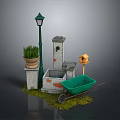 Outdoor Garden Decorative Elements With Street Lamp Flower Pot Fountain Birdhouse And Wheelbarrow