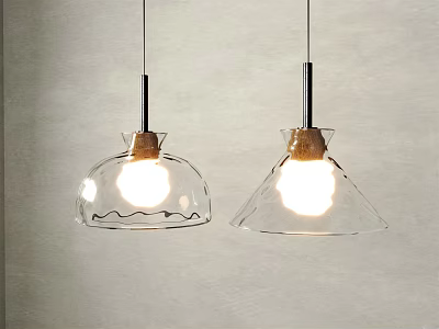 Lit Pendant Lights With Transparent Glass Shades Wooden Tops And Metal Rods Against Gray Wall 3d model