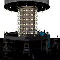 Modern Circular Bar With Hanging Lights And Wine Bottle Shelves Bar Stools Blue LED Lighting