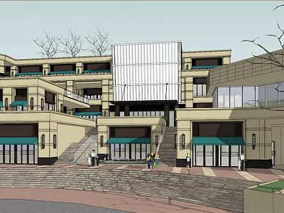 Modern Commercial Street With Multi Storey Buildings Green Awnings And Pedestrian Steps 3d model