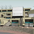 Modern Commercial Street With Multi Storey Buildings Green Awnings And Pedestrian Steps