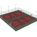 Double Basketball Court With Red Surface Green Borders Lighting Poles And Fencing