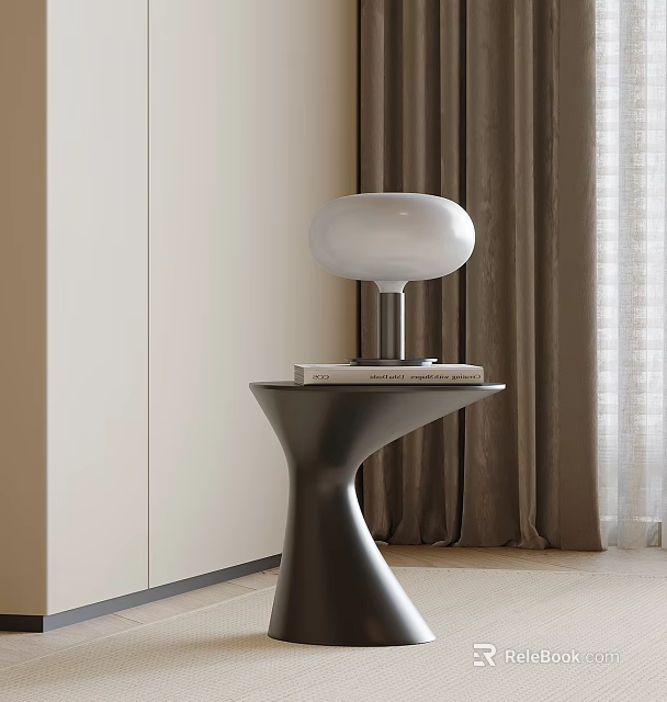 Black Side Table Featuring White Table Lamp Stacked Books Beige Wall And Brown Curtains 3d model