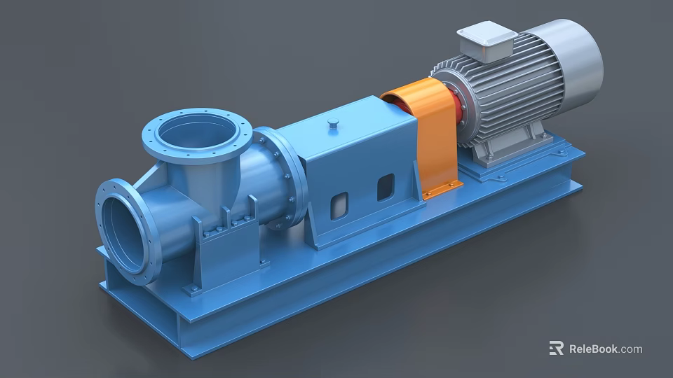 Blue Industrial Centrifugal Pump With Orange Coupling And Electric Motor Base Frame 3d model 