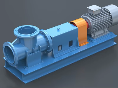 Blue Industrial Centrifugal Pump With Orange Coupling And Electric Motor Base Frame 3d model