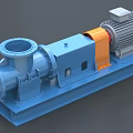 Blue Industrial Centrifugal Pump With Orange Coupling And Electric Motor Base Frame