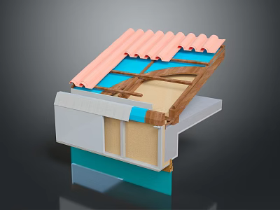 Building Roof Structure Cross Section With Wooden Frame Insulation And Tiles 3d model