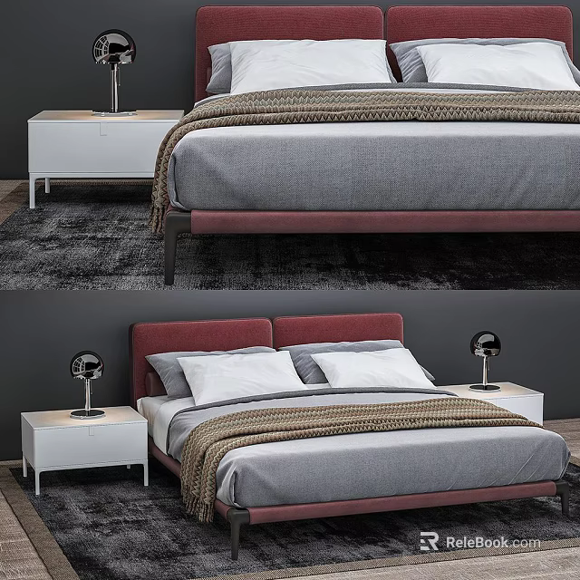 Double Bed with Red Headboard Gray Bedding Nightstands and Table Lamps 3d model
