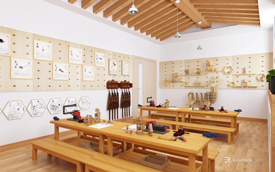 School Craft Classroom With Wooden Tables And Tools 3d model