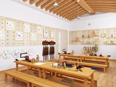 School Craft Classroom With Wooden Tables And Tools 3d model