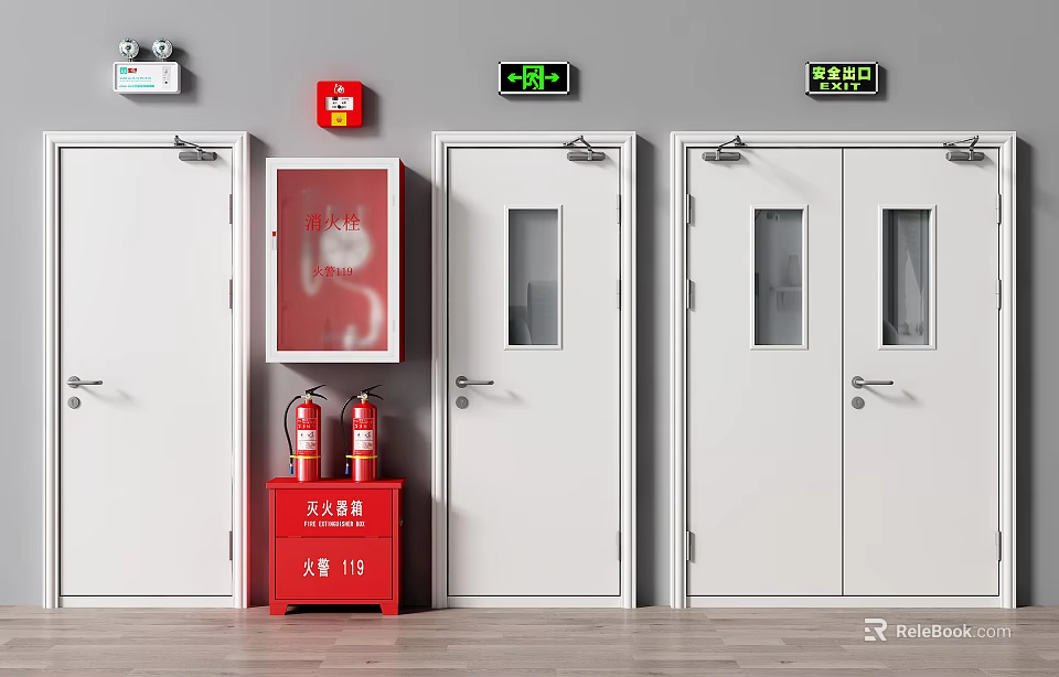 Fire Safety Equipment Area With White Doors Red Extinguisher Cabinet And Emergency Exit Signs 3d model 