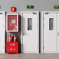 Fire Safety Equipment Area With White Doors Red Extinguisher Cabinet And Emergency Exit Signs