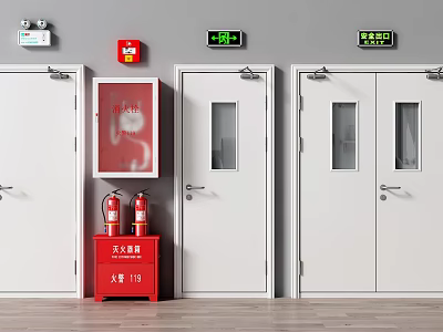 Fire Safety Equipment Area With White Doors Red Extinguisher Cabinet And Emergency Exit Signs 3d model
