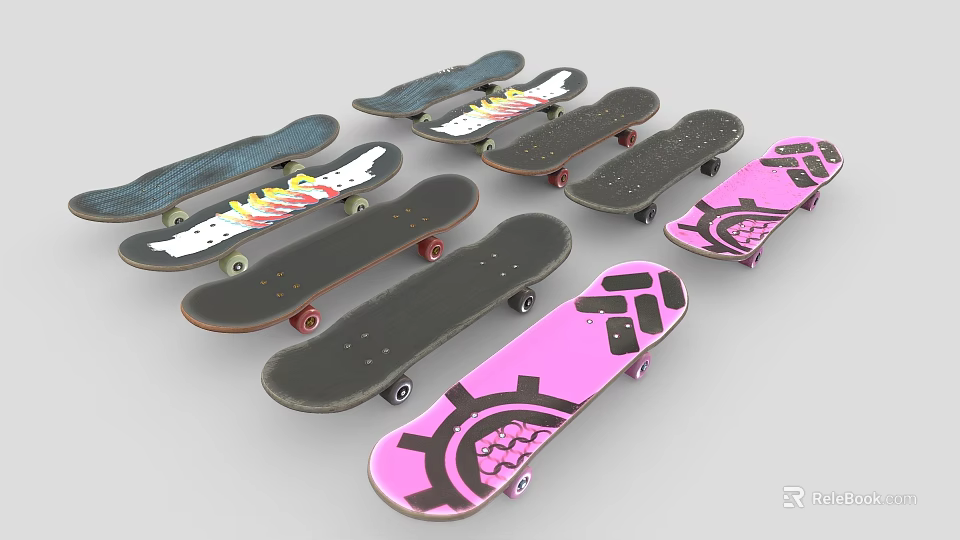 Multiple Skateboards With Various Graphic Patterns Including Gear And Wave Designs 3d model 