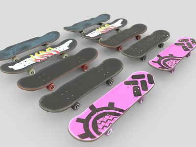 Multiple Skateboards With Various Graphic Patterns Including Gear And Wave Designs 3d model