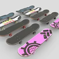 Multiple Skateboards With Various Graphic Patterns Including Gear And Wave Designs