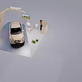 Dongfeng Nissan Exhibition Booth With Golden SUV White Chairs And Green Plants