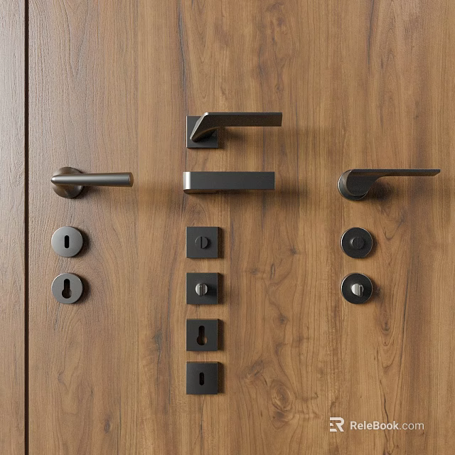 Modern Door Handles With Various Lock Sets On Wooden Wall 3d model