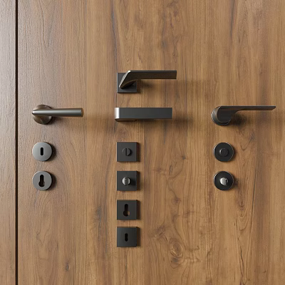 Modern Door Handles With Various Lock Sets On Wooden Wall 3d model