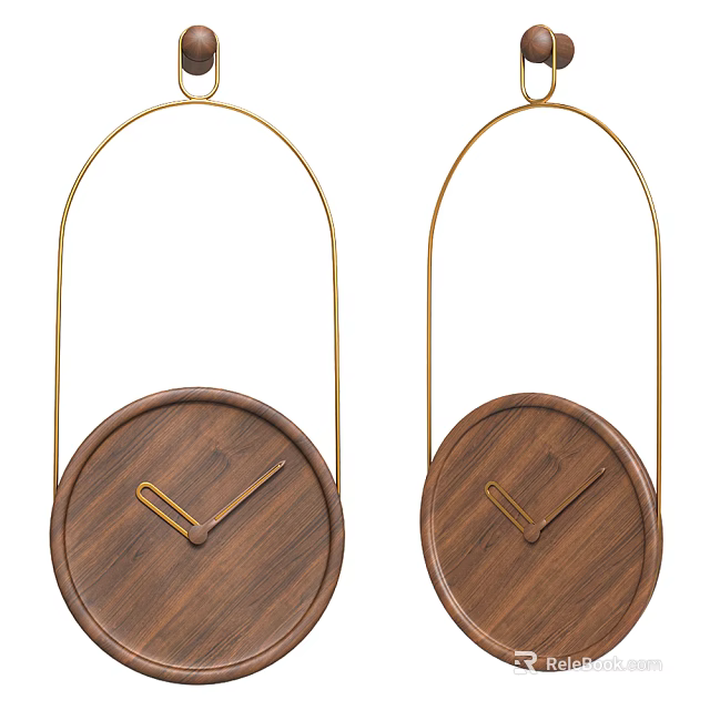Modern Hanging Wall Clocks With Wooden Dial And Golden Metal Hooks 3d model 