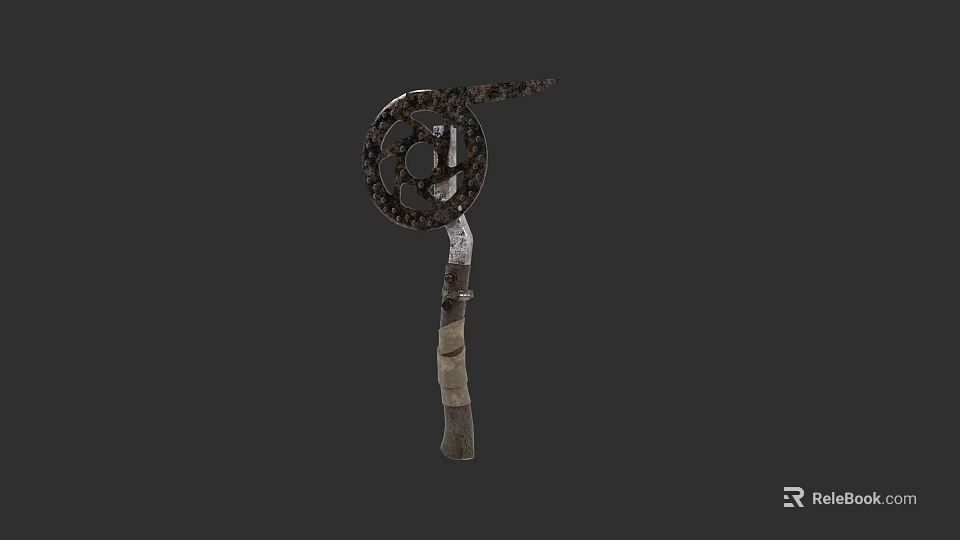 Antique Metal Battle Weapon With Decorative Spiked Wheel And Leather Wrapped Handle 3d model 