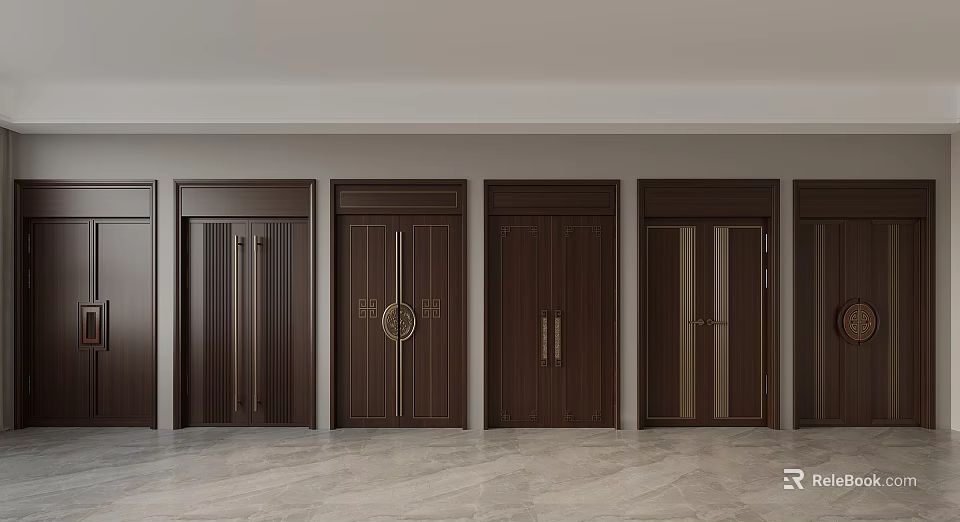 Different Styles Of Dark Wooden Interior Doors In Modern Room Setting 3d model 