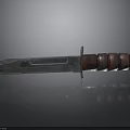 Sharp Tactical Knife With Metal Blade Wooden Handle And Ringed Texture On Dark Reflective Surface