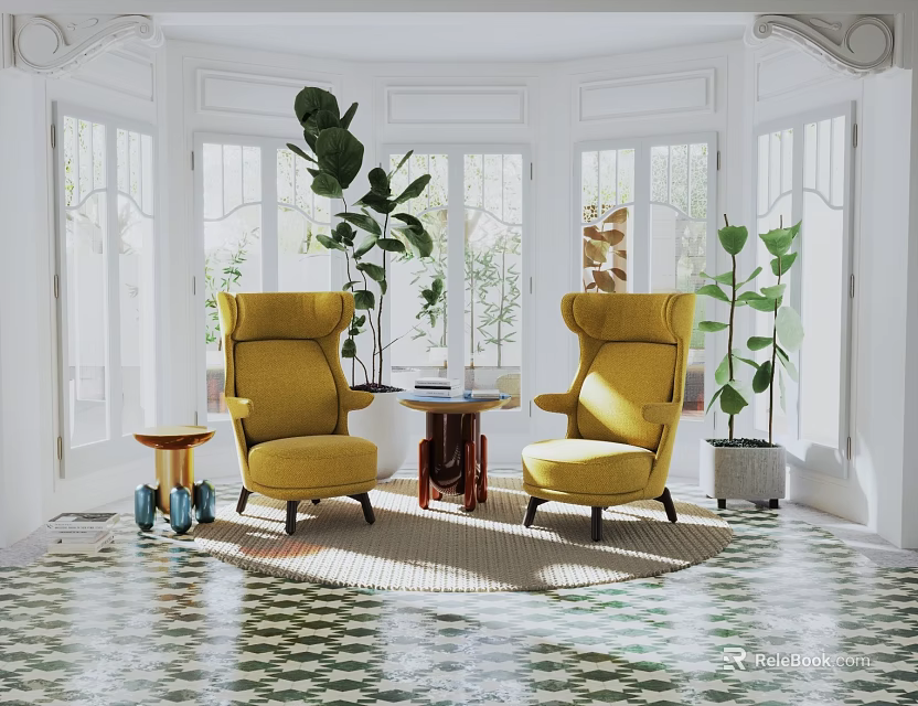 Leisure Sofa Set with Yellow Armchairs Round Side Table Green Plants in Bright Geometric Room 3d model 