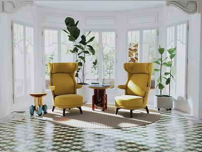 Leisure Sofa Set with Yellow Armchairs Round Side Table Green Plants in Bright Geometric Room 3d model