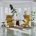 Leisure Sofa Set with Yellow Armchairs Round Side Table Green Plants in Bright Geometric Room
