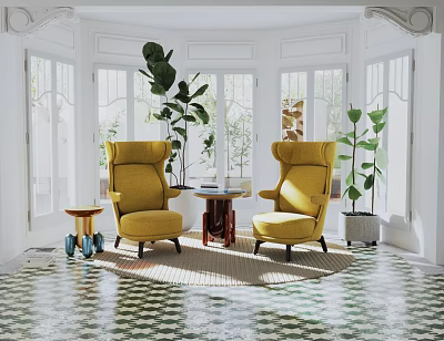 Leisure Sofa Set with Yellow Armchairs Round Side Table Green Plants in Bright Geometric Room 3d model