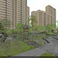 Scenic Garden Landscape With Residential Buildings Pavilion Pond Stone Bridge And Greenery