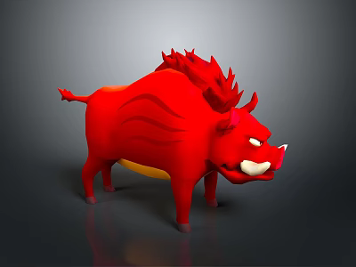 Vibrant Red Wild Boar Sculpture with Spiked Mane and White Tusks in Cartoon Style 3d model