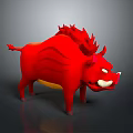Vibrant Red Wild Boar Sculpture with Spiked Mane and White Tusks in Cartoon Style