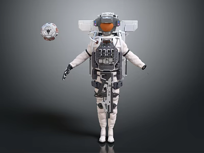 Man in Futuristic Astronaut Suit With Floating Helmet and Dark Space Background 3d model