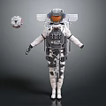 Man in Futuristic Astronaut Suit With Floating Helmet and Dark Space Background