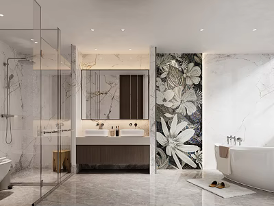 Modern Bathroom Interior With Glass Shower Double Vanity Marble Walls Floral Mural And Bathtub 3d model