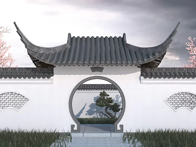 Traditional Chinese Circular Archway With White Wall Tile Roof And Pine Tree 3d model