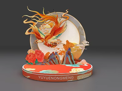 Decorative Phoenix Sculpture With Circular Background Peony Flowers Mountains And Clouds 3d model