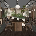 Elegant Restaurant Interior Featuring Wooden Dining Tables Hanging Lanterns And Greenery