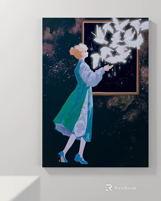 Blonde Girl In Turquoise Dress Reaching For White Butterflies Before Landscape Painting With Dark Background Floral Decorations 3d model 