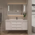 Modern Bathroom Vanity With LED Lit Mirror White Cabinet Faucet Potted Plant And Soap Dispenser