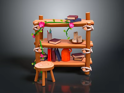 Wooden Bookshelf with Books Vines Pink Flowers Mugs and Small Stool 3d model