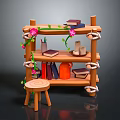 Wooden Bookshelf with Books Vines Pink Flowers Mugs and Small Stool