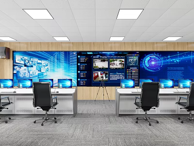 Modern Security Control Room with Multiple Surveillance Monitors and Control Desks 3d model